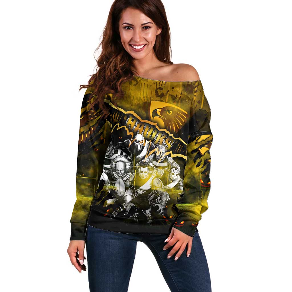 Step Into Horror Domain Hawks Football Off Shoulder Sweater Halloween Horror Movie Characters - Aussie Hoodie