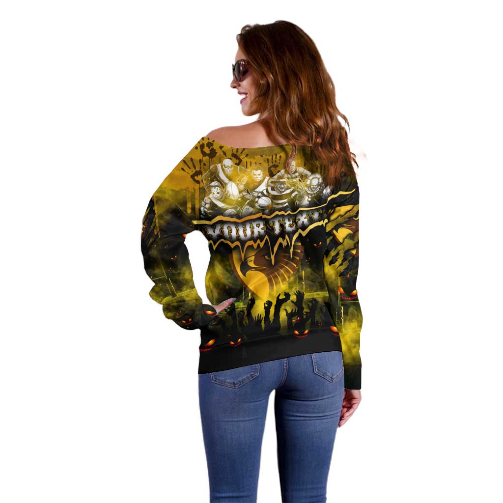 Step Into Horror Domain Hawks Football Off Shoulder Sweater Halloween Horror Movie Characters - Aussie Hoodie