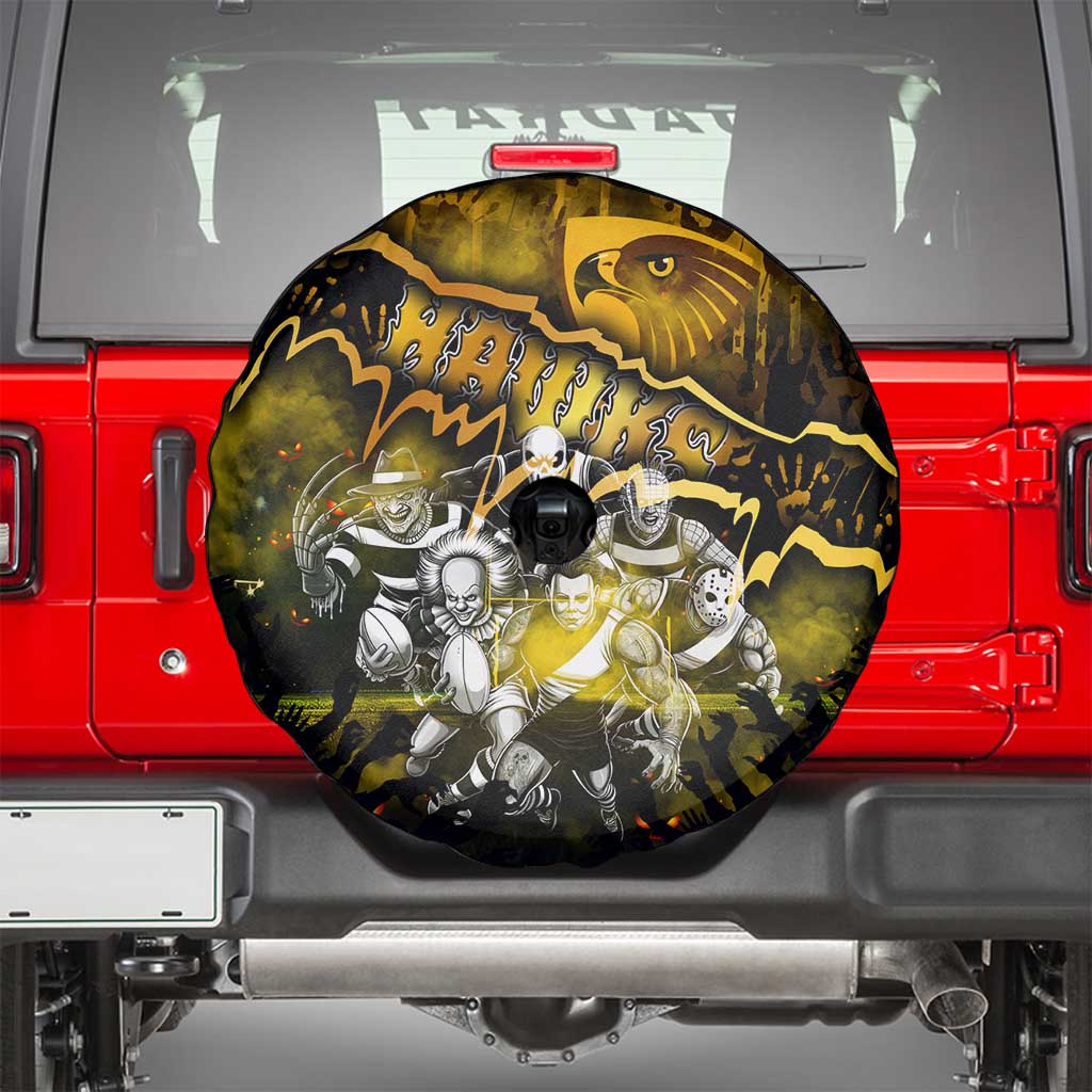 Step Into Horror Domain Hawks Football Spare Tire Cover Halloween Horror Movie Characters - Aussie Hoodie