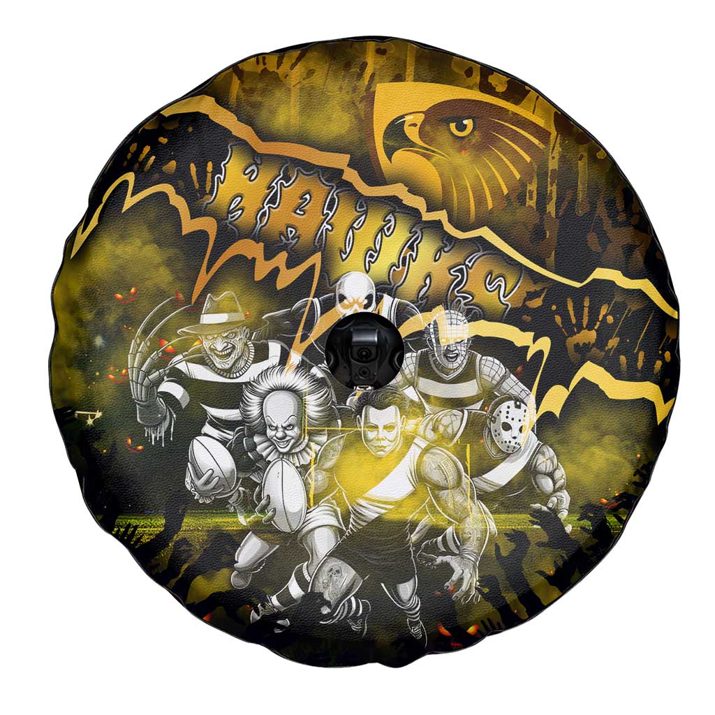Step Into Horror Domain Hawks Football Spare Tire Cover Halloween Horror Movie Characters - Aussie Hoodie