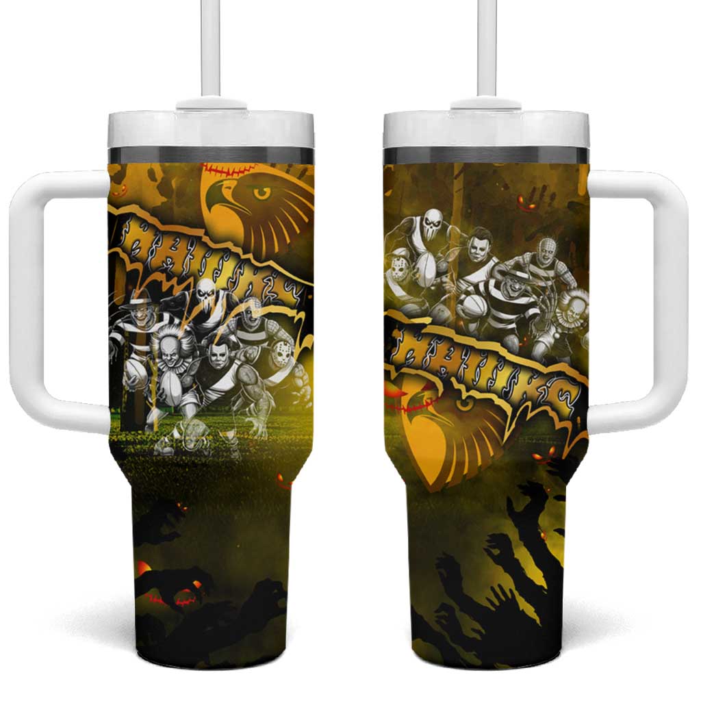 Step Into Horror Domain Hawks Football Tumbler With Handle Halloween Horror Movie Characters - Aussie Hoodie