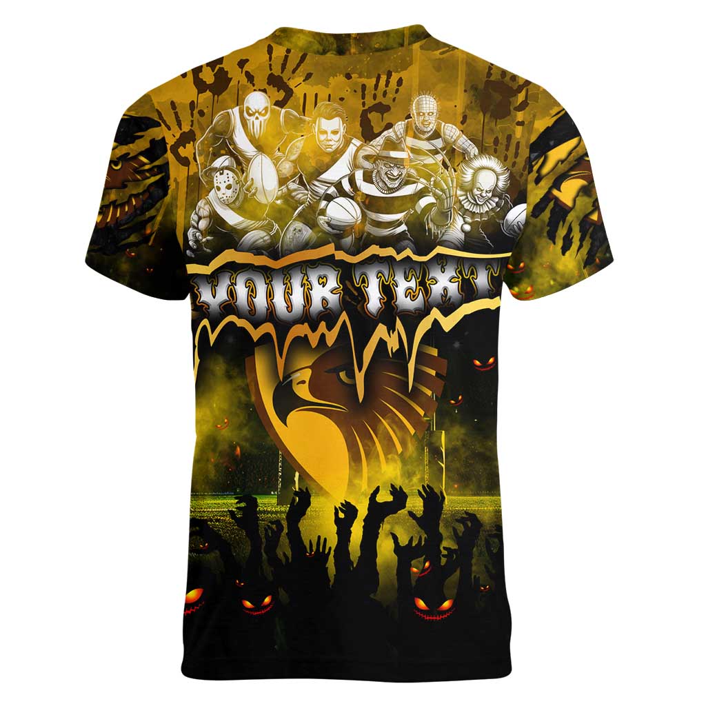 Step Into Horror Domain Hawks Football Women V-Neck T-Shirt Halloween Horror Movie Characters - Aussie Hoodie