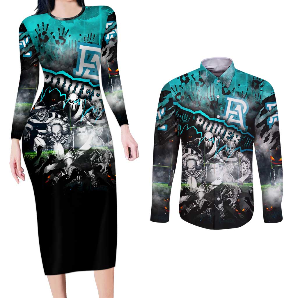 Step Into Horror Domain Power Football Couples Matching Long Sleeve Bodycon Dress and Long Sleeve Button Shirt Halloween Horror Movie Characters - Aussie Hoodie