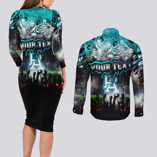 Step Into Horror Domain Power Football Couples Matching Long Sleeve Bodycon Dress and Long Sleeve Button Shirt Halloween Horror Movie Characters - Aussie Hoodie