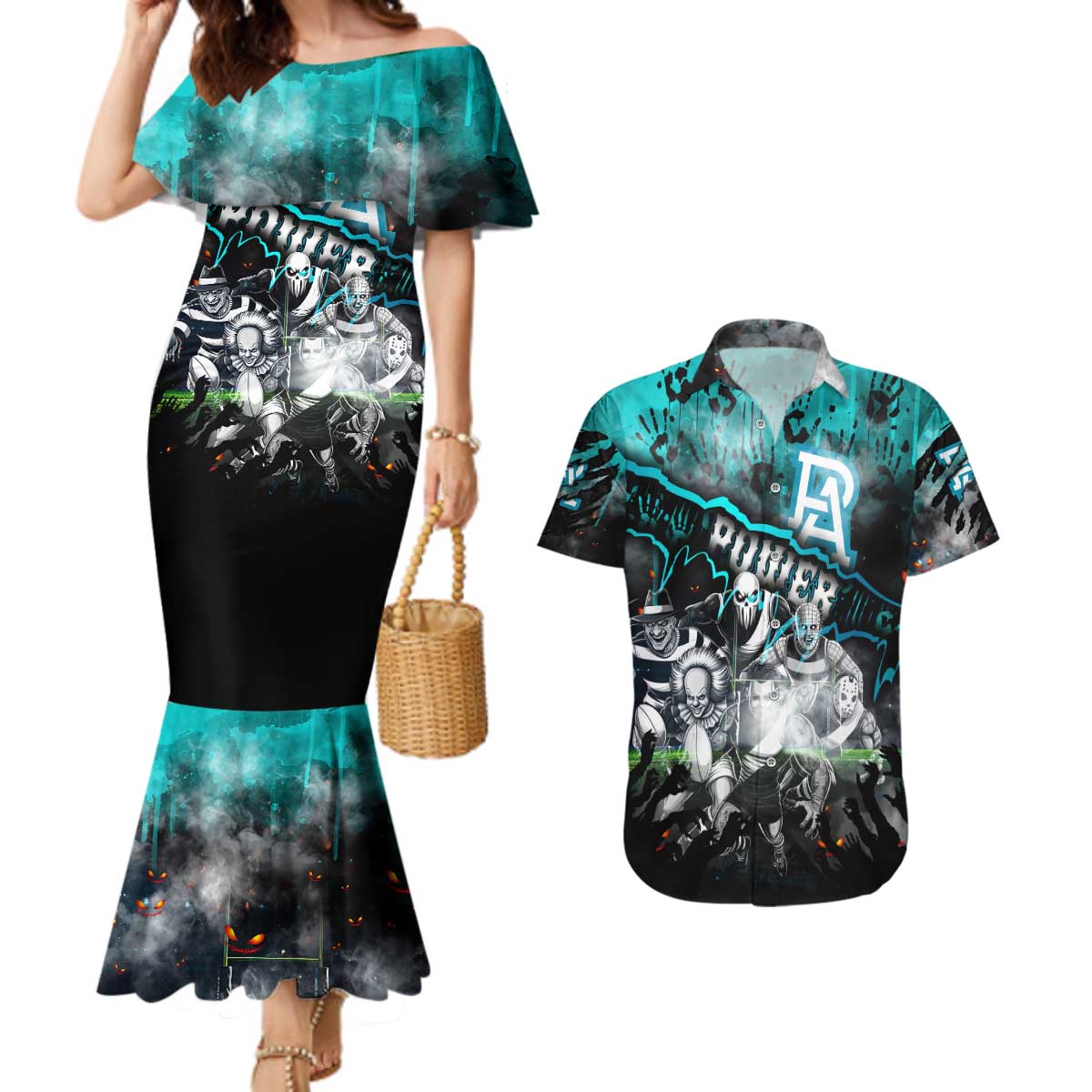Step Into Horror Domain Power Football Couples Matching Mermaid Dress and Hawaiian Shirt Halloween Horror Movie Characters - Aussie Hoodie