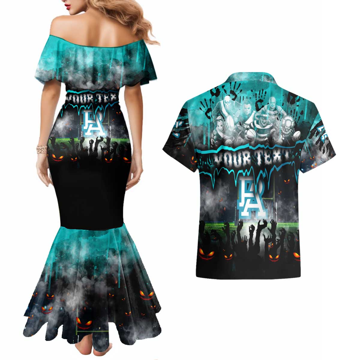Step Into Horror Domain Power Football Couples Matching Mermaid Dress and Hawaiian Shirt Halloween Horror Movie Characters - Aussie Hoodie