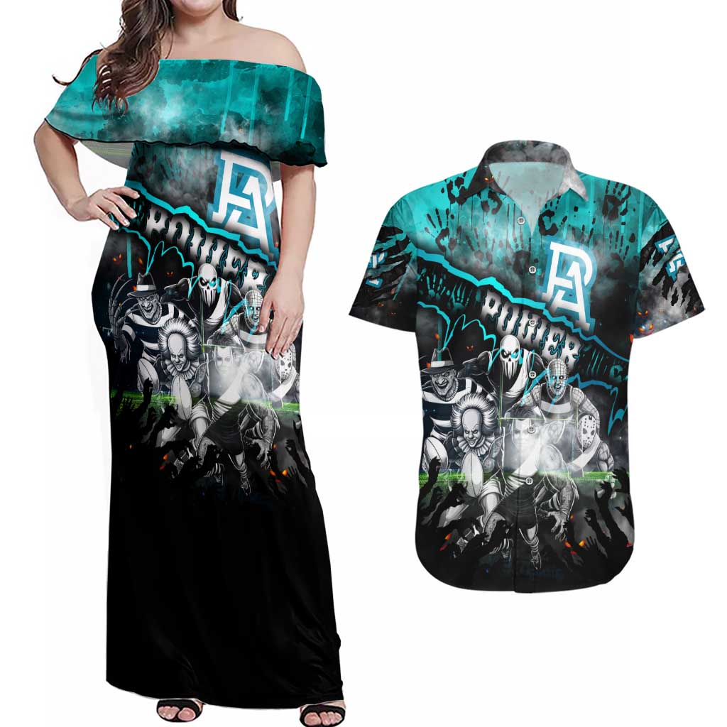 Step Into Horror Domain Power Football Couples Matching Off Shoulder Maxi Dress and Hawaiian Shirt Halloween Horror Movie Characters - Aussie Hoodie