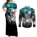 Step Into Horror Domain Power Football Couples Matching Off Shoulder Maxi Dress and Long Sleeve Button Shirt Halloween Horror Movie Characters - Aussie Hoodie