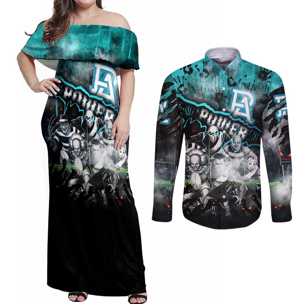 Step Into Horror Domain Power Football Couples Matching Off Shoulder Maxi Dress and Long Sleeve Button Shirt Halloween Horror Movie Characters - Aussie Hoodie