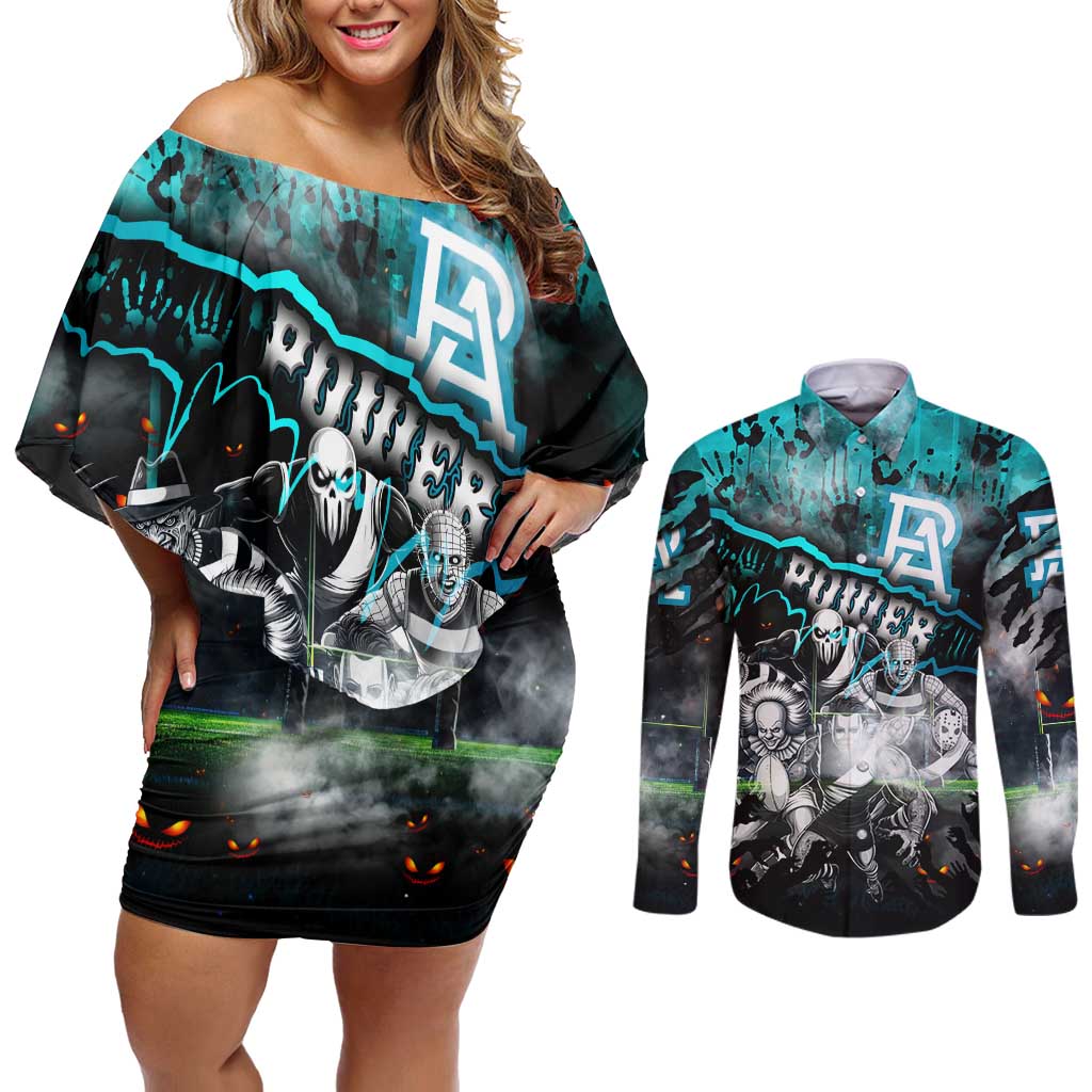 Step Into Horror Domain Power Football Couples Matching Off Shoulder Short Dress and Long Sleeve Button Shirt Halloween Horror Movie Characters - Aussie Hoodie
