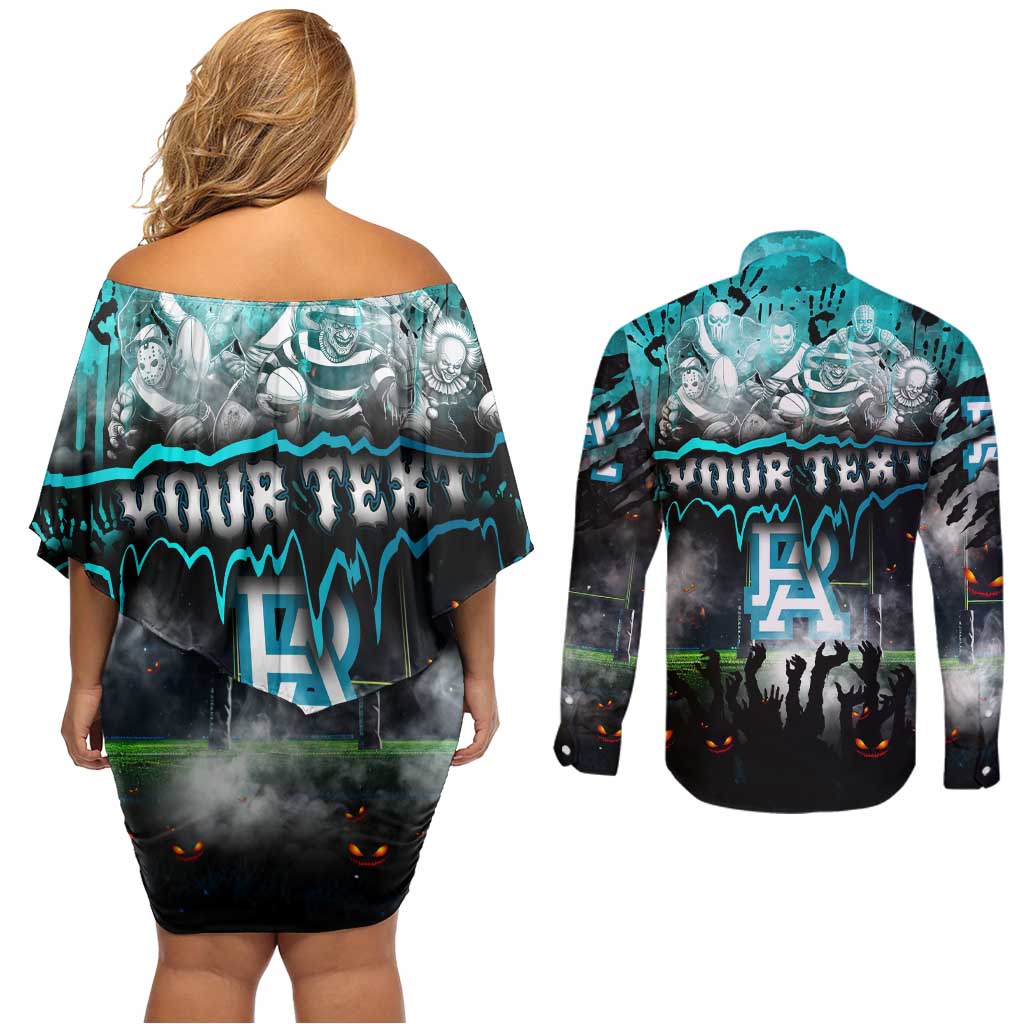 Step Into Horror Domain Power Football Couples Matching Off Shoulder Short Dress and Long Sleeve Button Shirt Halloween Horror Movie Characters - Aussie Hoodie