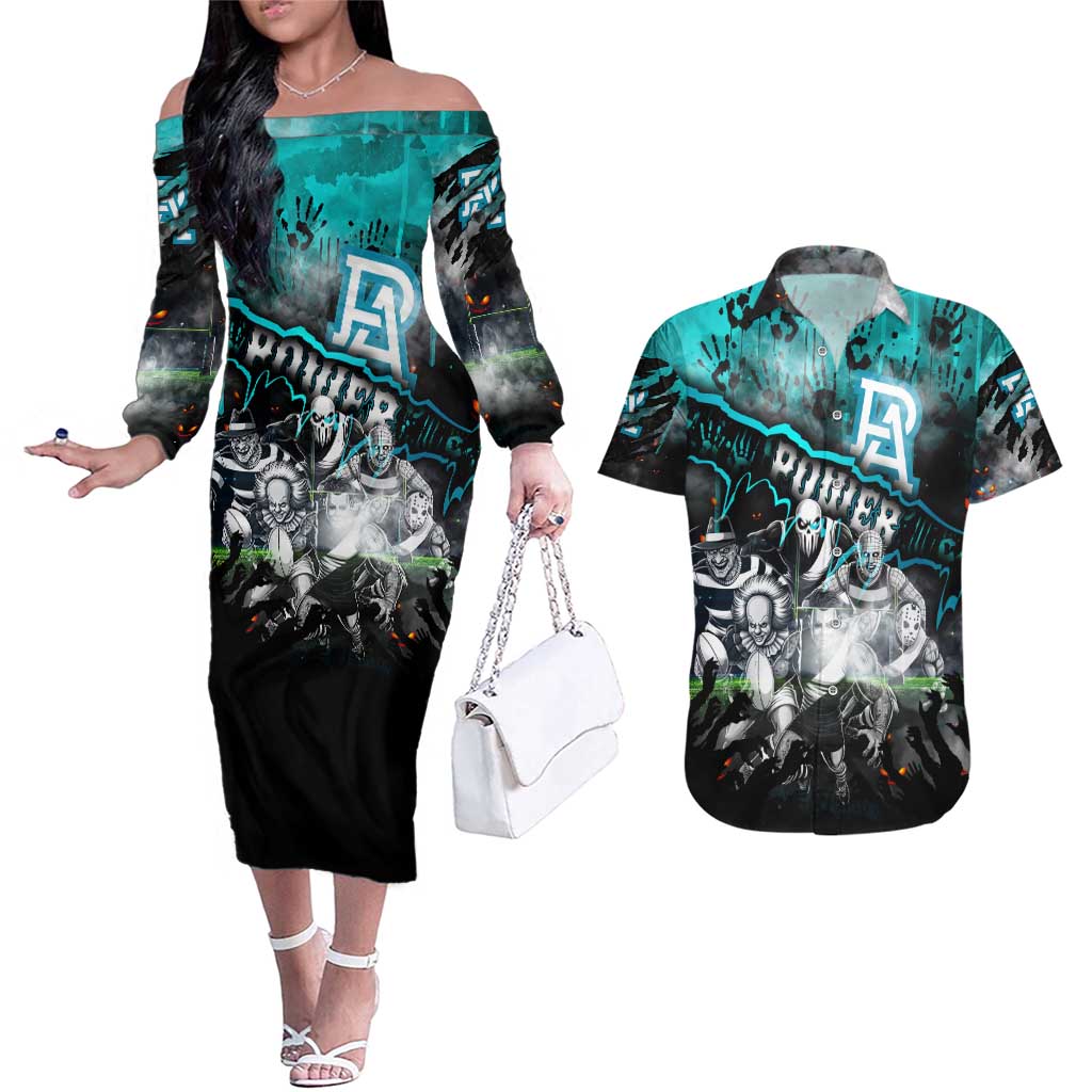 Step Into Horror Domain Power Football Couples Matching Off The Shoulder Long Sleeve Dress and Hawaiian Shirt Halloween Horror Movie Characters - Aussie Hoodie