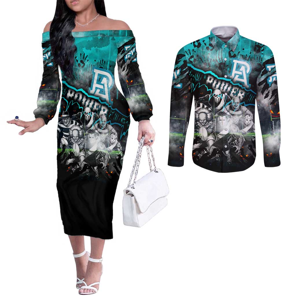 Step Into Horror Domain Power Football Couples Matching Off The Shoulder Long Sleeve Dress and Long Sleeve Button Shirt Halloween Horror Movie Characters - Aussie Hoodie