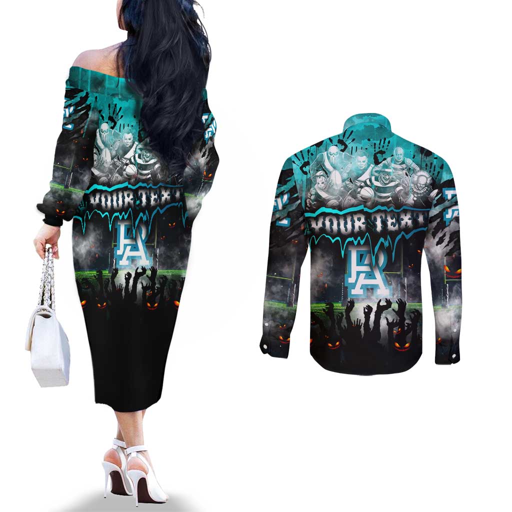 Step Into Horror Domain Power Football Couples Matching Off The Shoulder Long Sleeve Dress and Long Sleeve Button Shirt Halloween Horror Movie Characters - Aussie Hoodie
