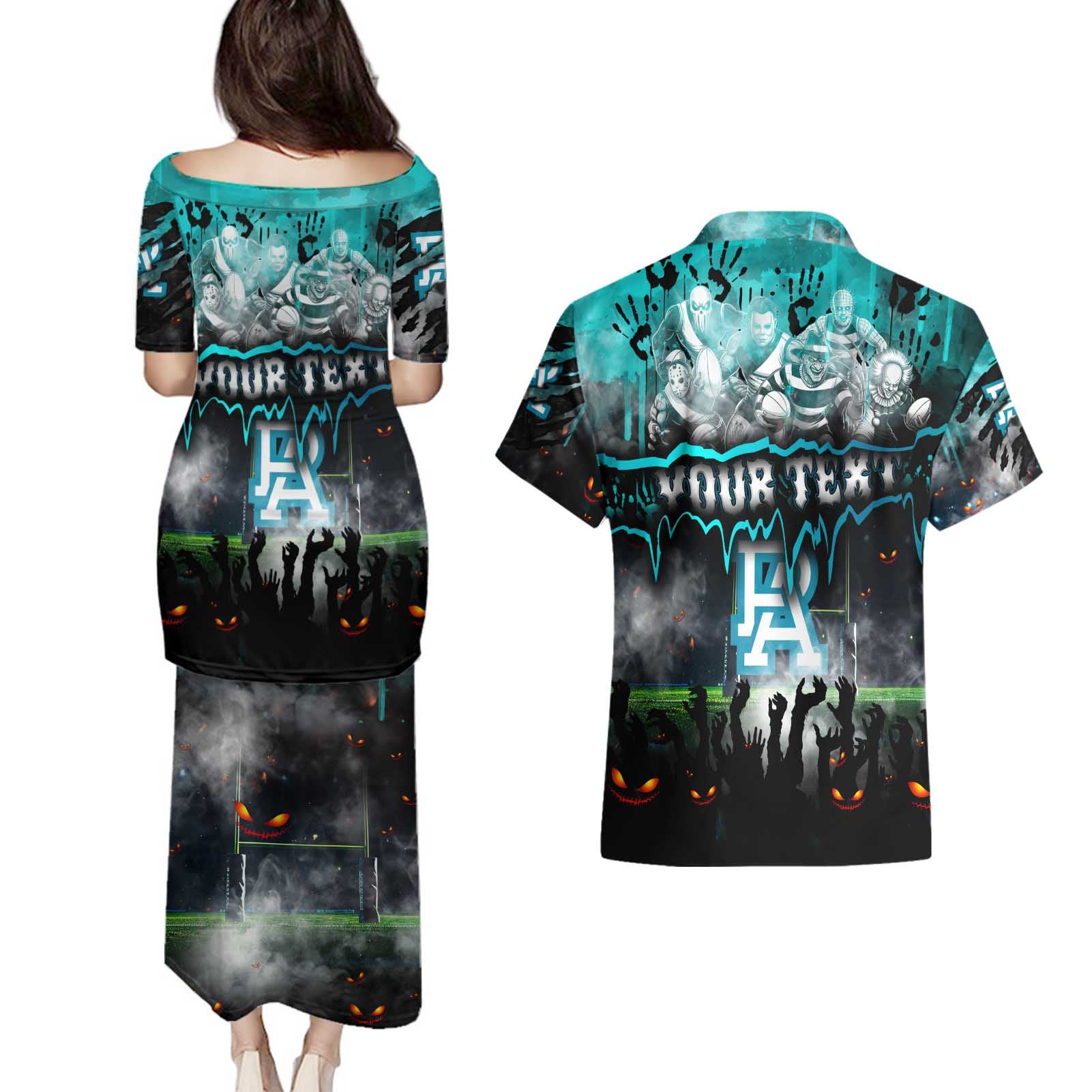 Step Into Horror Domain Power Football Couples Matching Puletasi and Hawaiian Shirt Halloween Horror Movie Characters - Aussie Hoodie