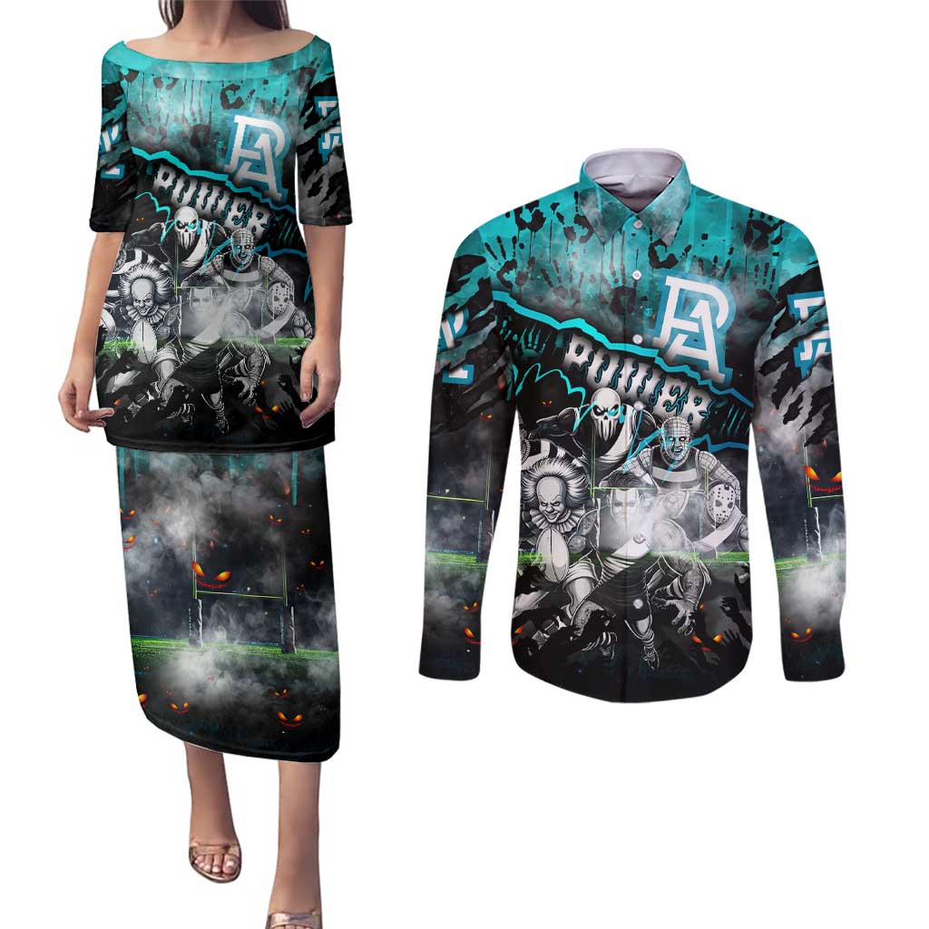 Step Into Horror Domain Power Football Couples Matching Puletasi and Long Sleeve Button Shirt Halloween Horror Movie Characters - Aussie Hoodie