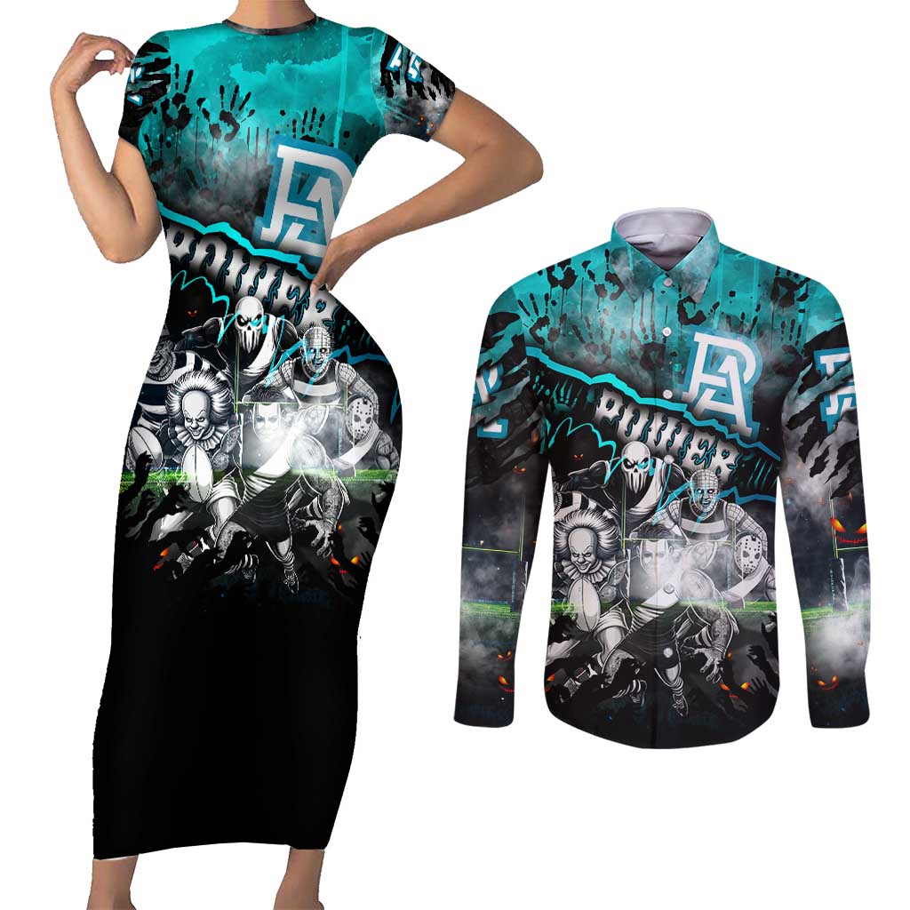 Step Into Horror Domain Power Football Couples Matching Short Sleeve Bodycon Dress and Long Sleeve Button Shirt Halloween Horror Movie Characters - Aussie Hoodie