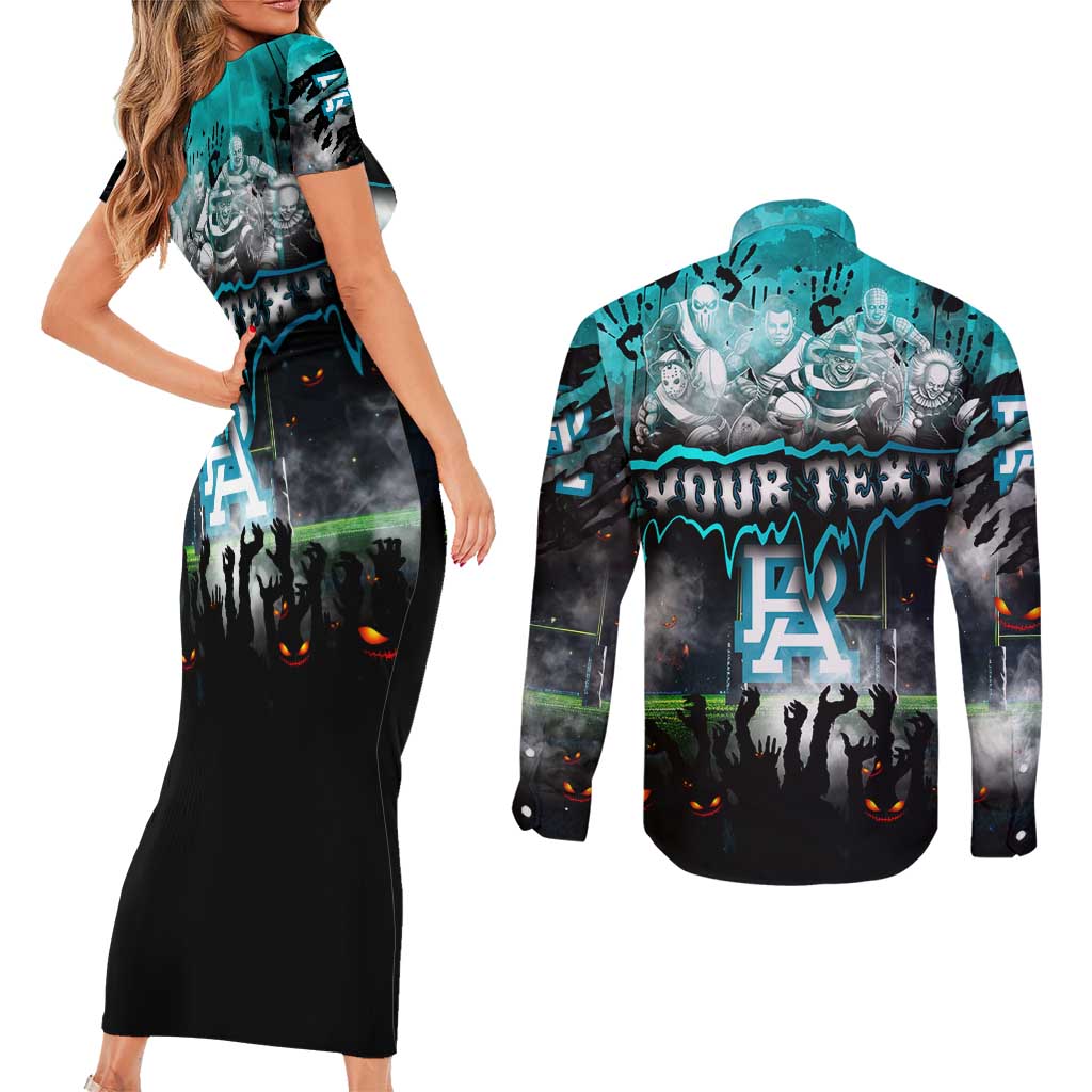 Step Into Horror Domain Power Football Couples Matching Short Sleeve Bodycon Dress and Long Sleeve Button Shirt Halloween Horror Movie Characters - Aussie Hoodie