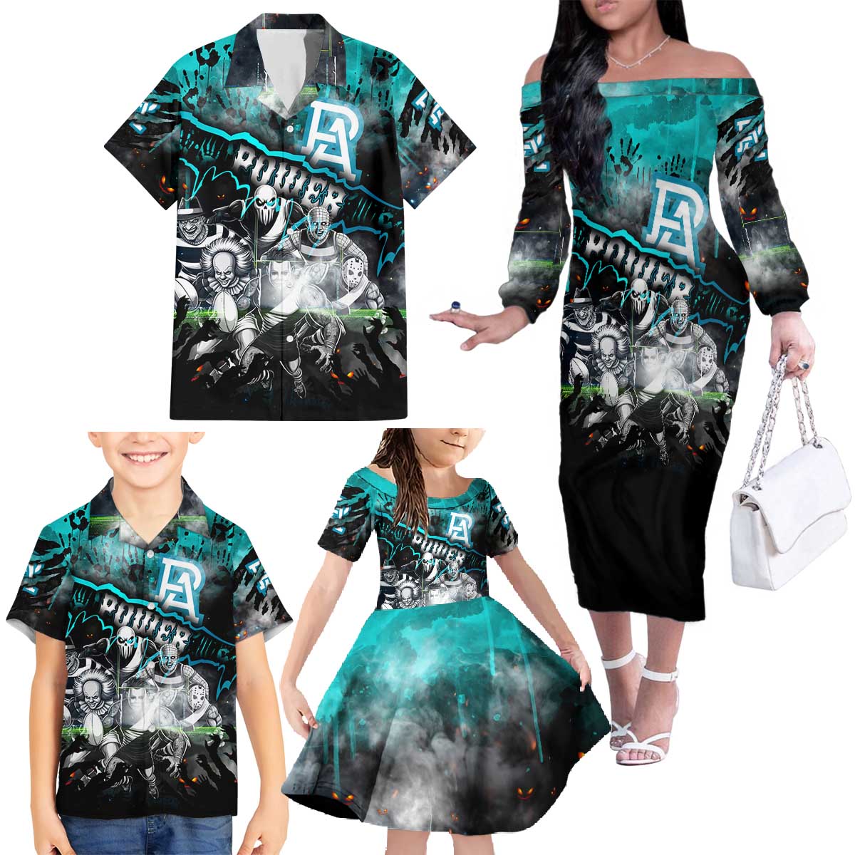 Step Into Horror Domain Power Football Family Matching Off The Shoulder Long Sleeve Dress and Hawaiian Shirt Halloween Horror Movie Characters - Aussie Hoodie