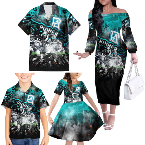 Step Into Horror Domain Power Football Family Matching Off The Shoulder Long Sleeve Dress and Hawaiian Shirt Halloween Horror Movie Characters - Aussie Hoodie