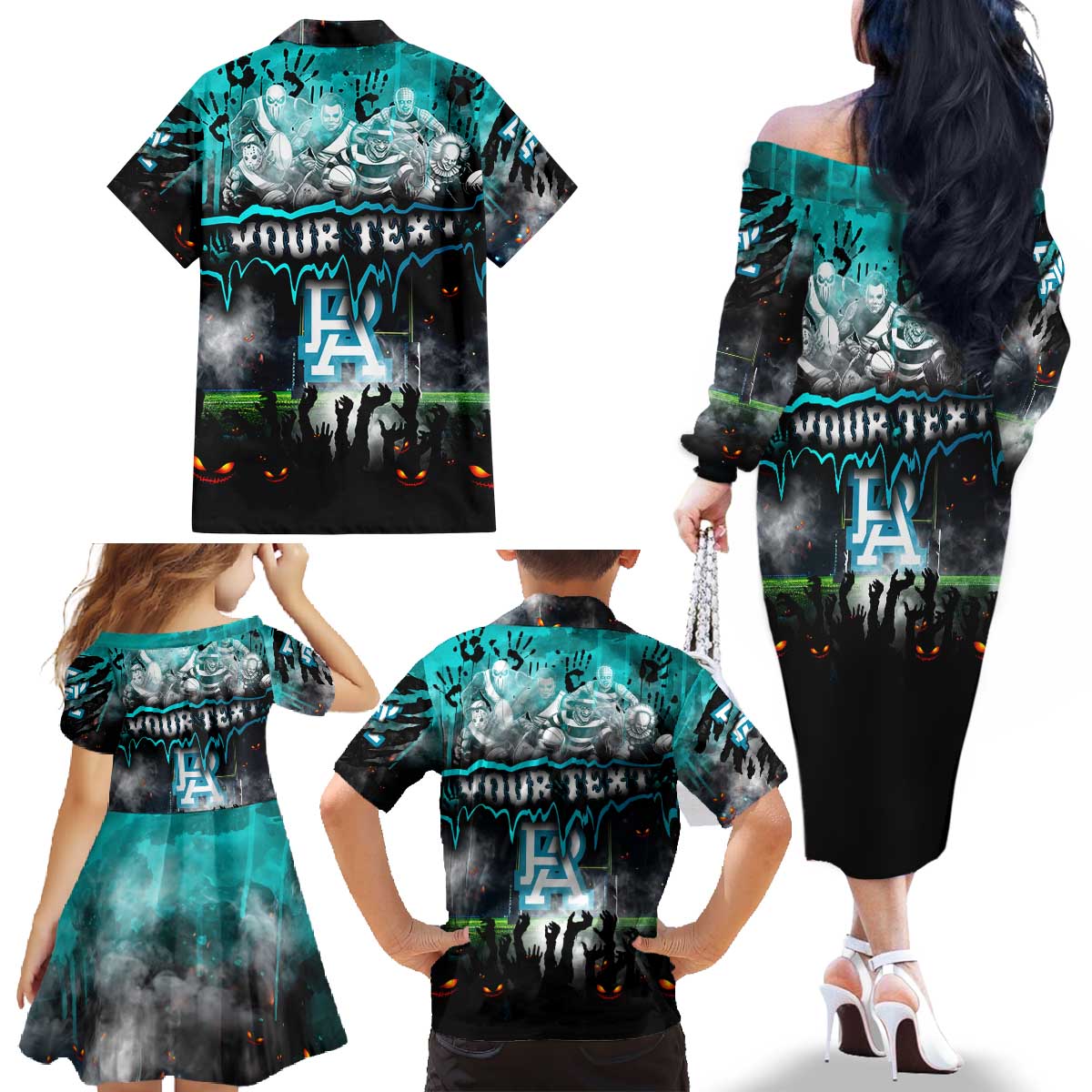 Step Into Horror Domain Power Football Family Matching Off The Shoulder Long Sleeve Dress and Hawaiian Shirt Halloween Horror Movie Characters - Aussie Hoodie