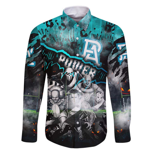 Step Into Horror Domain Power Football Family Matching Off The Shoulder Long Sleeve Dress and Hawaiian Shirt Halloween Horror Movie Characters - Aussie Hoodie