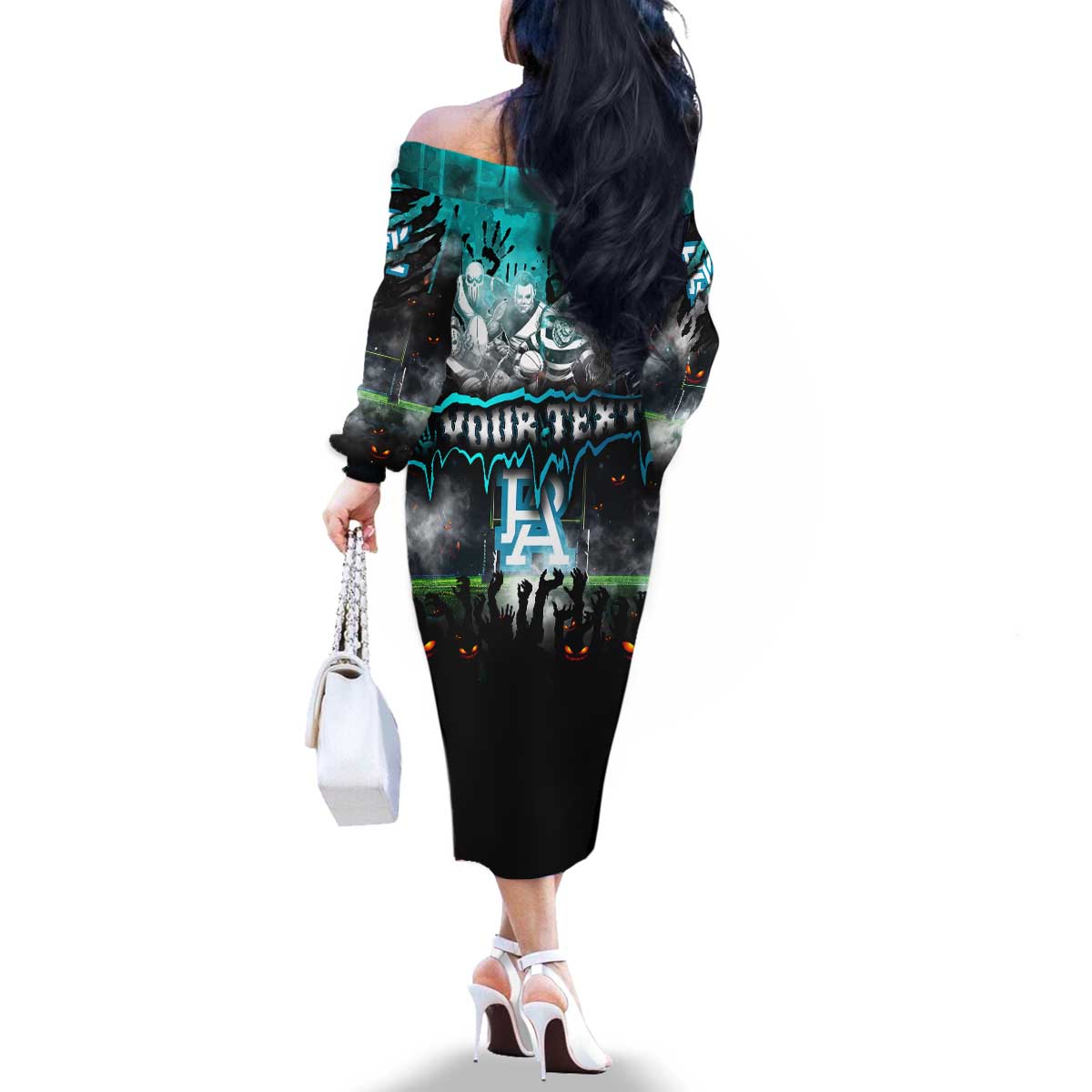Step Into Horror Domain Power Football Family Matching Off The Shoulder Long Sleeve Dress and Hawaiian Shirt Halloween Horror Movie Characters - Aussie Hoodie