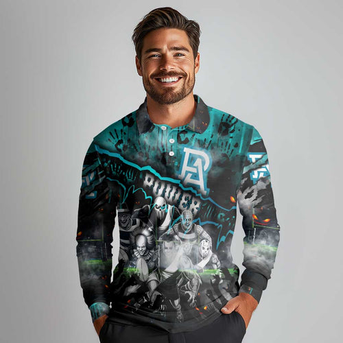 Step Into Horror Domain Power Football Long Sleeve Polo Shirt Halloween Horror Movie Characters - Aussie Hoodie