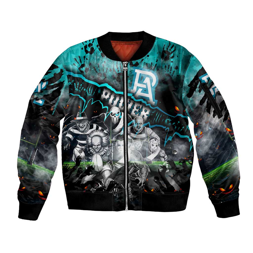 Step Into Horror Domain Power Football Sleeve Zip Bomber Jacket Halloween Horror Movie Characters - Aussie Hoodie