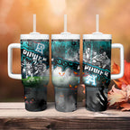 Step Into Horror Domain Power Football Tumbler With Handle Halloween Horror Movie Characters - Aussie Hoodie