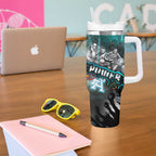 Step Into Horror Domain Power Football Tumbler With Handle Halloween Horror Movie Characters - Aussie Hoodie
