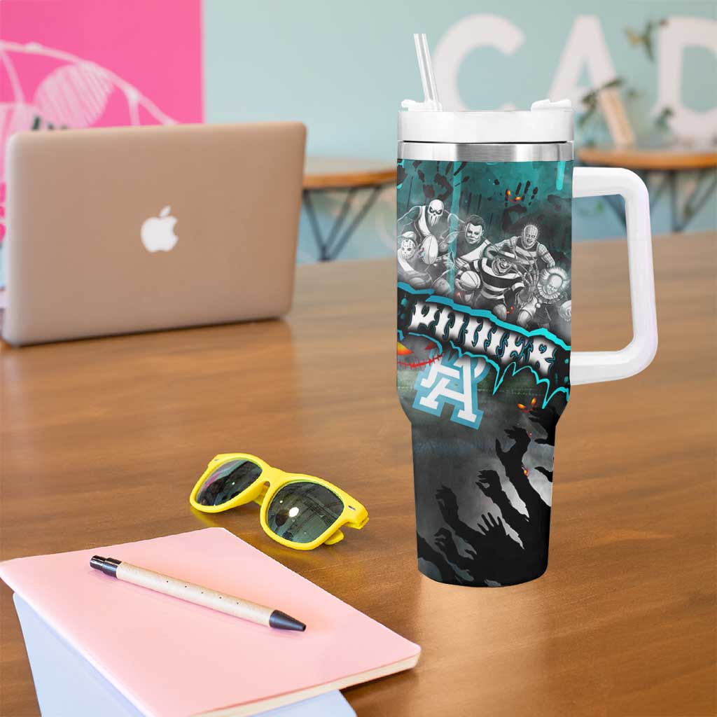 Step Into Horror Domain Power Football Tumbler With Handle Halloween Horror Movie Characters - Aussie Hoodie