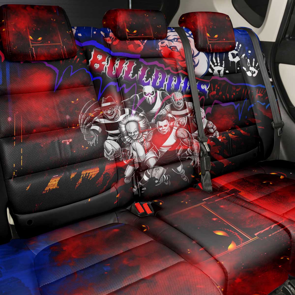 Step Into Horror Domain Bulldogs Football Back Car Seat Cover Halloween Horror Movie Characters - Aussie Hoodie