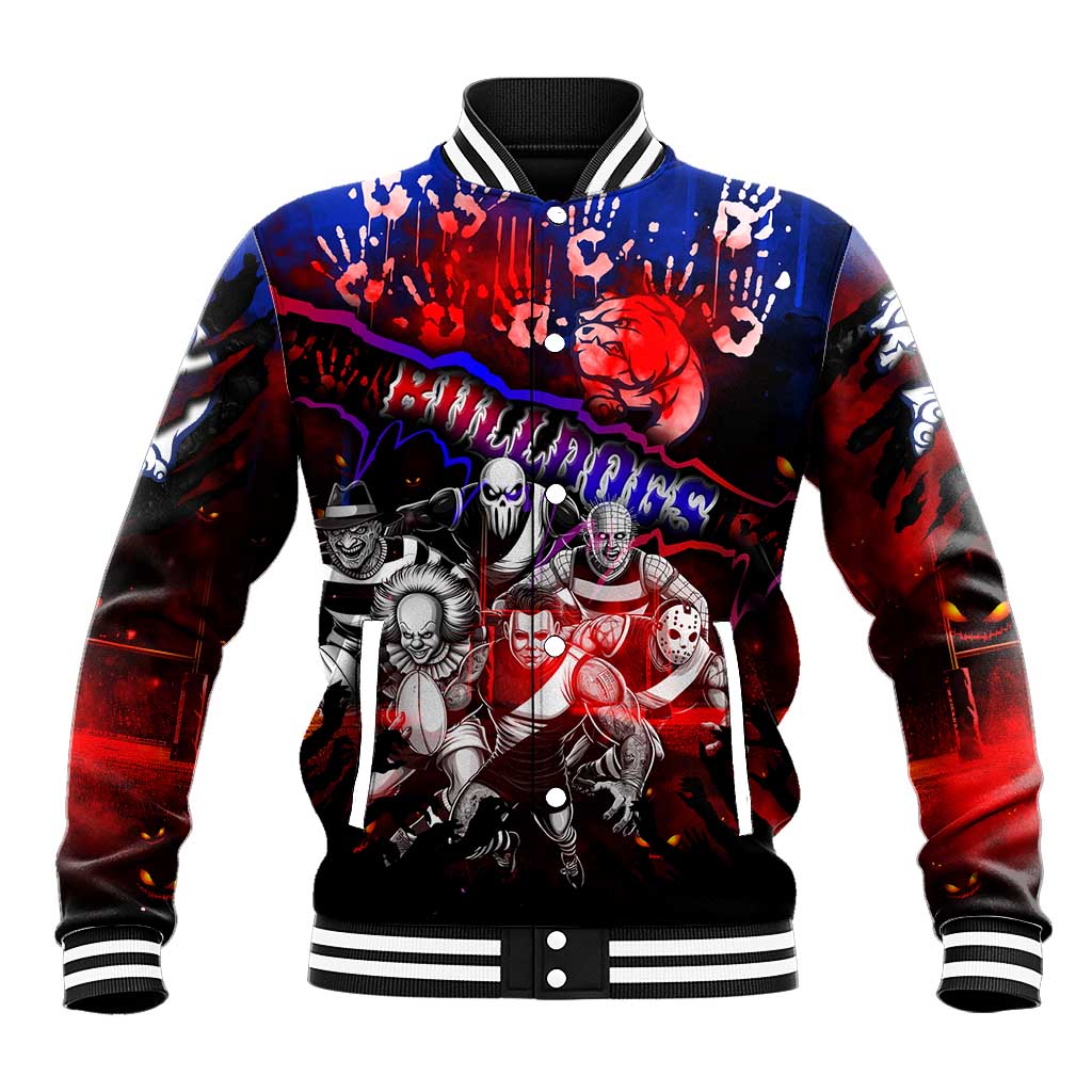 Step Into Horror Domain Bulldogs Football Baseball Jacket Halloween Horror Movie Characters - Aussie Hoodie