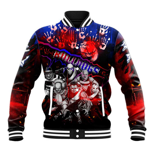 Step Into Horror Domain Bulldogs Football Baseball Jacket Halloween Horror Movie Characters - Aussie Hoodie
