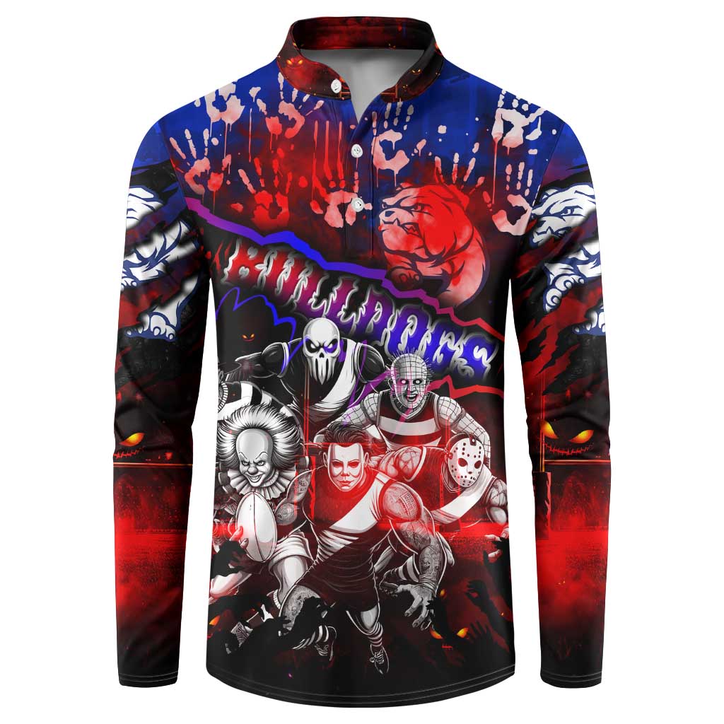 Step Into Horror Domain Bulldogs Football Button Sweatshirt Halloween Horror Movie Characters - Aussie Hoodie