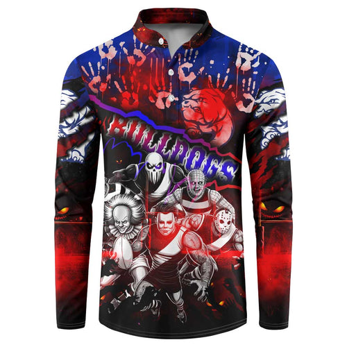 Step Into Horror Domain Bulldogs Football Button Sweatshirt Halloween Horror Movie Characters - Aussie Hoodie
