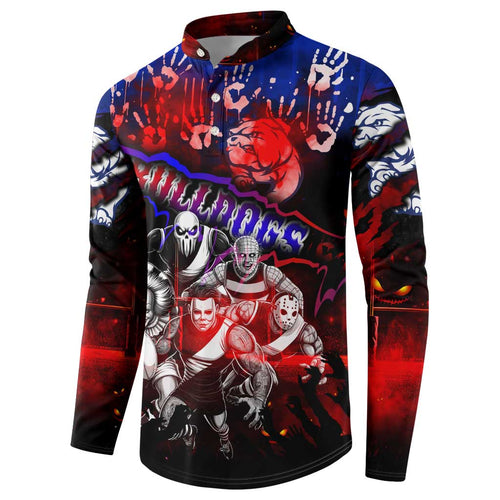 Step Into Horror Domain Bulldogs Football Button Sweatshirt Halloween Horror Movie Characters - Aussie Hoodie
