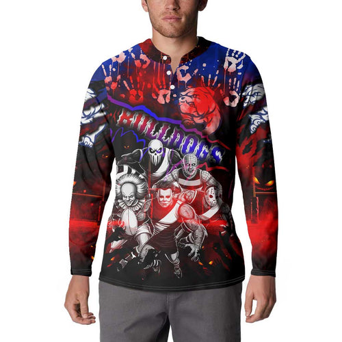 Step Into Horror Domain Bulldogs Football Button Sweatshirt Halloween Horror Movie Characters - Aussie Hoodie