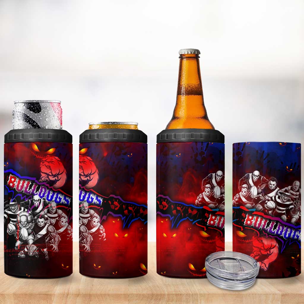 Step Into Horror Domain Bulldogs Football 4 in 1 Can Cooler Tumbler Halloween Horror Movie Characters - Aussie Hoodie