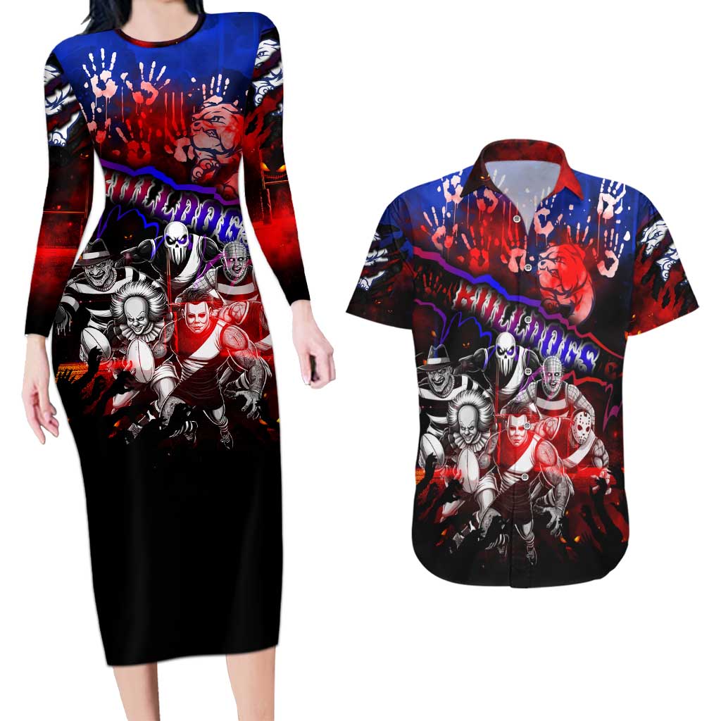 Step Into Horror Domain Bulldogs Football Couples Matching Long Sleeve Bodycon Dress and Hawaiian Shirt Halloween Horror Movie Characters - Aussie Hoodie