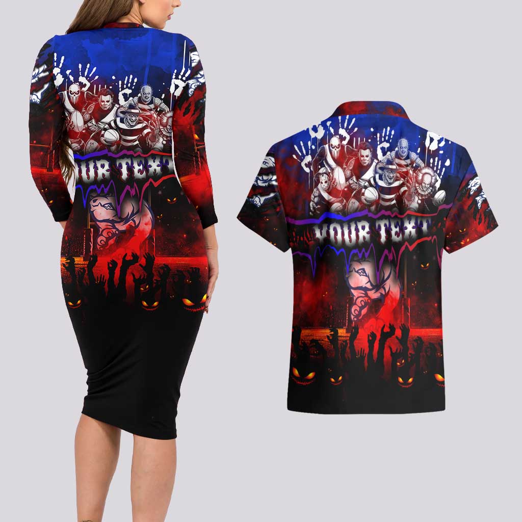 Step Into Horror Domain Bulldogs Football Couples Matching Long Sleeve Bodycon Dress and Hawaiian Shirt Halloween Horror Movie Characters - Aussie Hoodie