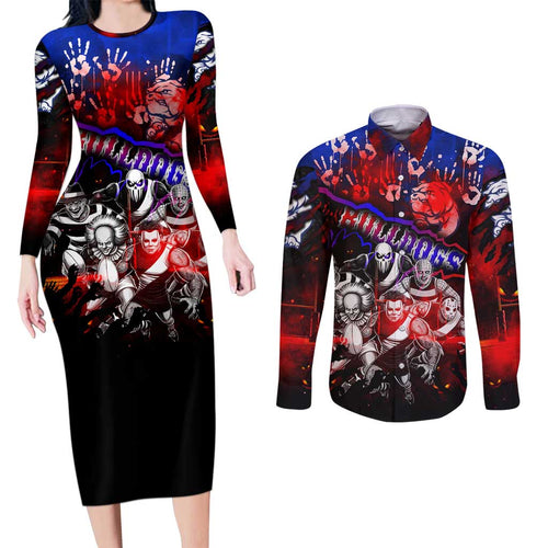 Step Into Horror Domain Bulldogs Football Couples Matching Long Sleeve Bodycon Dress and Long Sleeve Button Shirt Halloween Horror Movie Characters - Aussie Hoodie