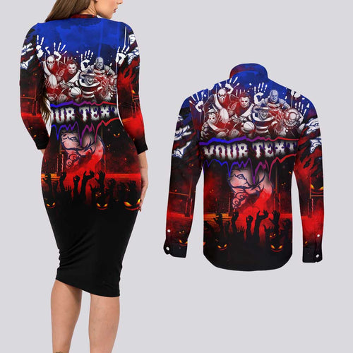 Step Into Horror Domain Bulldogs Football Couples Matching Long Sleeve Bodycon Dress and Long Sleeve Button Shirt Halloween Horror Movie Characters - Aussie Hoodie