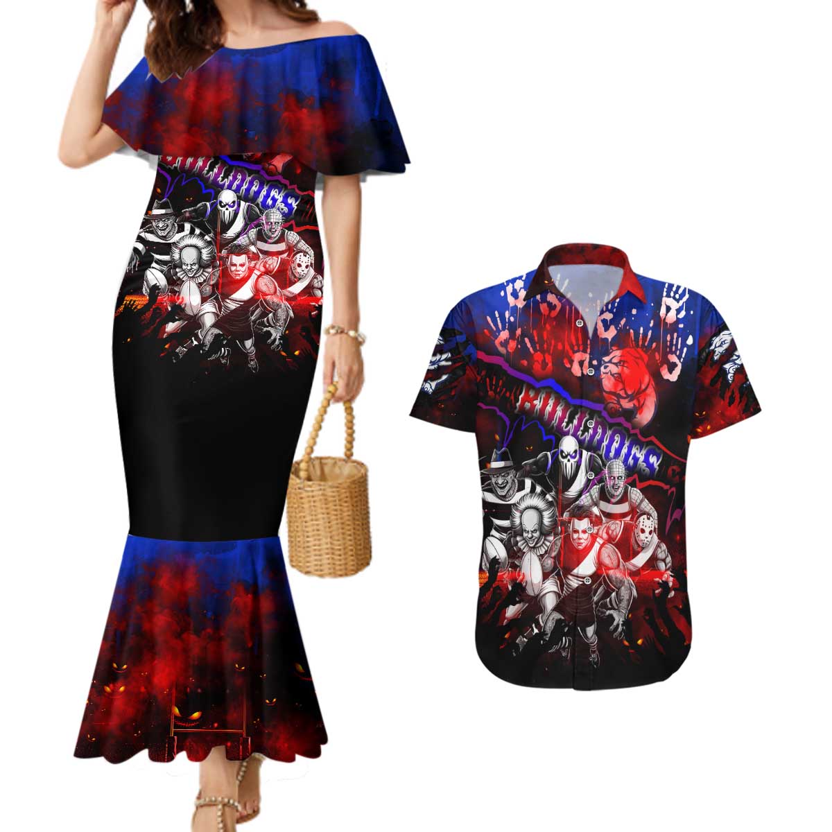 Step Into Horror Domain Bulldogs Football Couples Matching Mermaid Dress and Hawaiian Shirt Halloween Horror Movie Characters - Aussie Hoodie