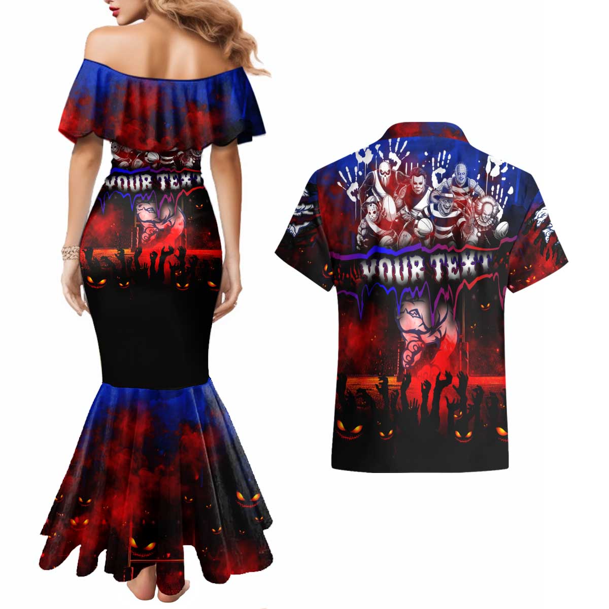 Step Into Horror Domain Bulldogs Football Couples Matching Mermaid Dress and Hawaiian Shirt Halloween Horror Movie Characters - Aussie Hoodie