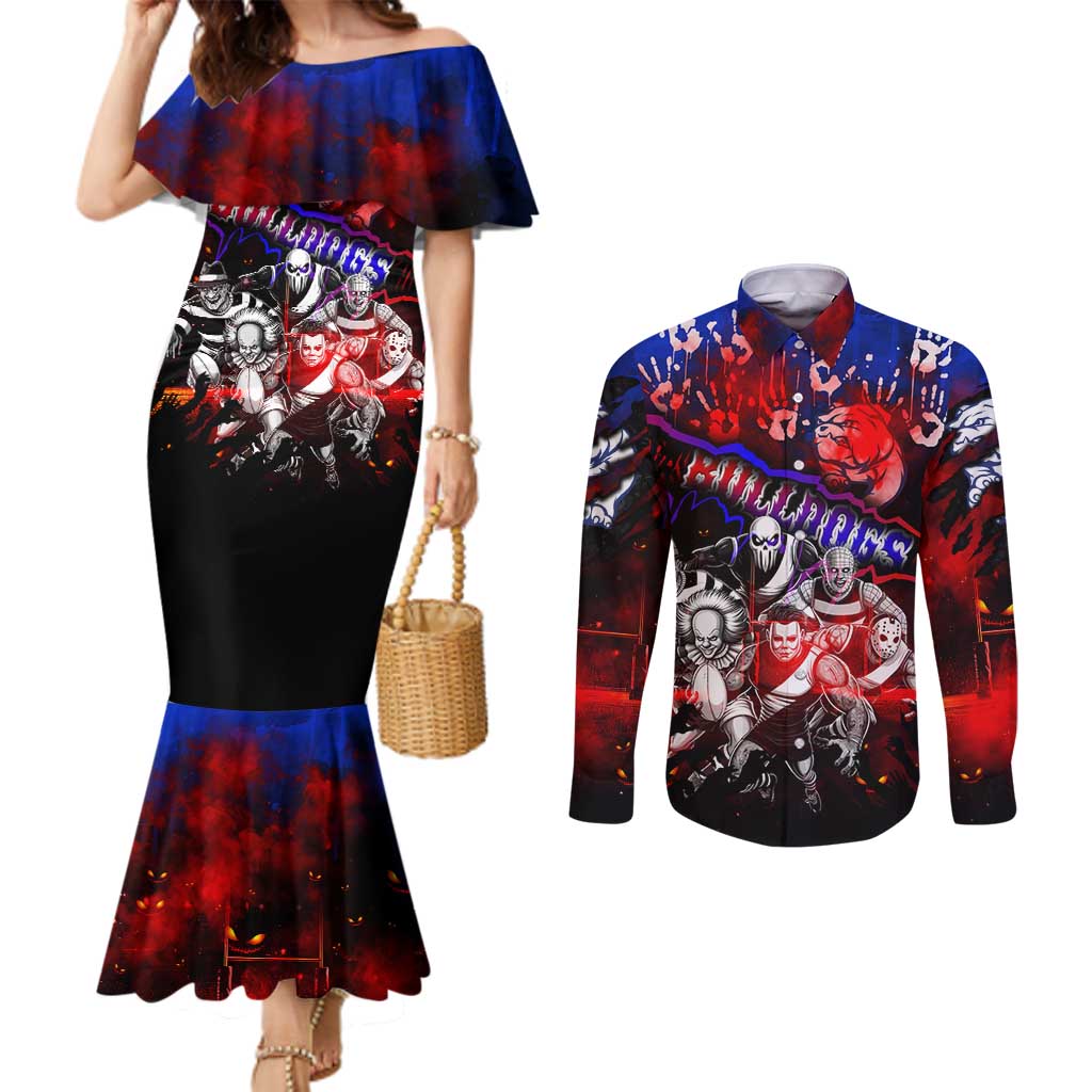 Step Into Horror Domain Bulldogs Football Couples Matching Mermaid Dress and Long Sleeve Button Shirt Halloween Horror Movie Characters - Aussie Hoodie