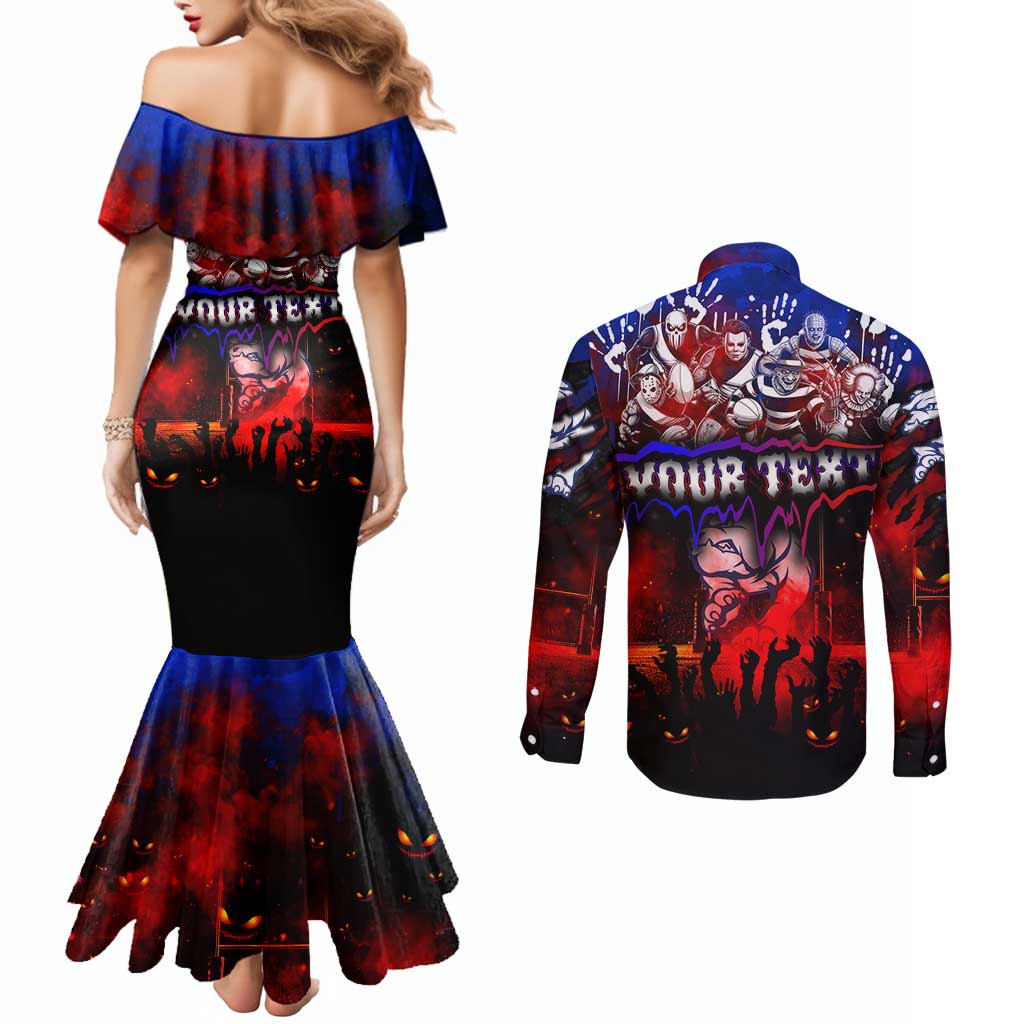 Step Into Horror Domain Bulldogs Football Couples Matching Mermaid Dress and Long Sleeve Button Shirt Halloween Horror Movie Characters - Aussie Hoodie