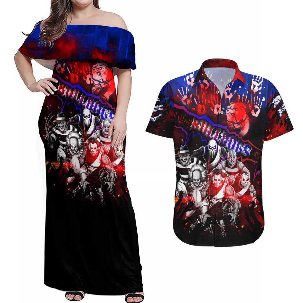Step Into Horror Domain Bulldogs Football Couples Matching Off Shoulder Maxi Dress and Hawaiian Shirt Halloween Horror Movie Characters - Aussie Hoodie