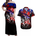 Step Into Horror Domain Bulldogs Football Couples Matching Off Shoulder Maxi Dress and Hawaiian Shirt Halloween Horror Movie Characters - Aussie Hoodie